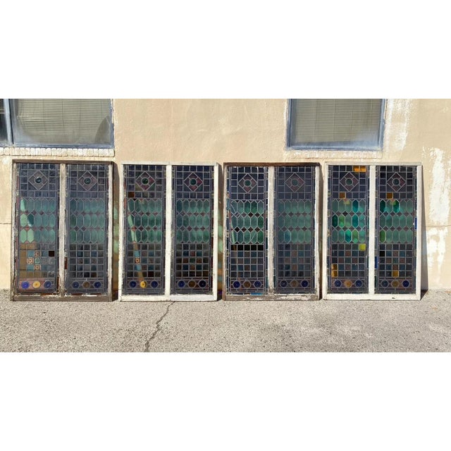 Antique Victorian Double Stained Glass Window Pink Blue Green Jeweled For Sale - Image 11 of 12