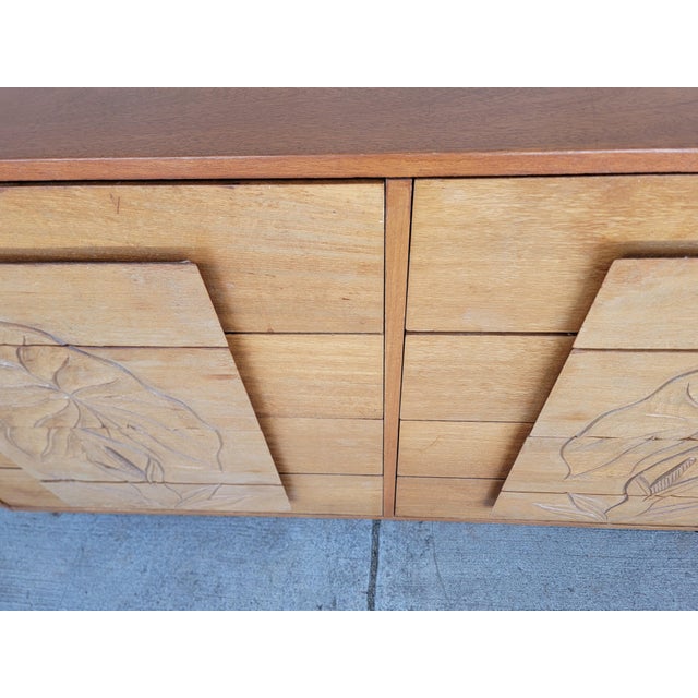 Mid-Century Modern Hawaiian Style Dresser With Relief Carved Tropical Foliage 1950's For Sale - Image 12 of 18