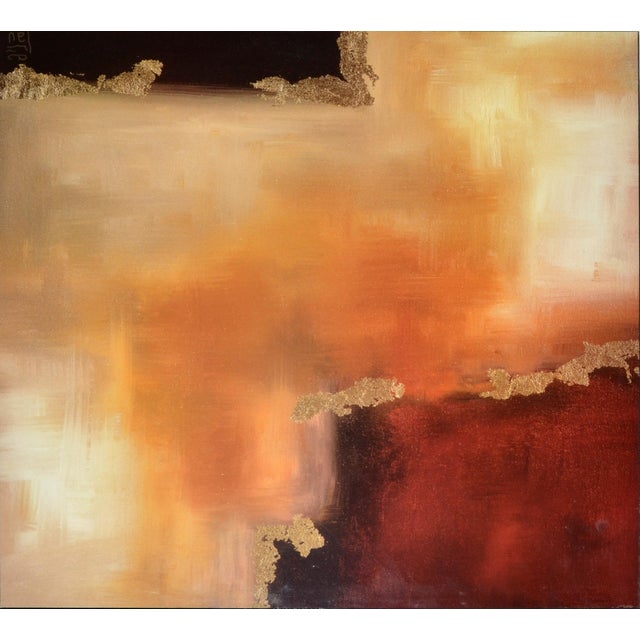 Textile Two-Panel Abstract Contemporary Art Paintings Warm Tones Gold Accents Modern For Sale - Image 7 of 16