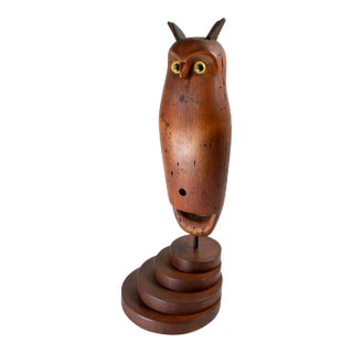 1980's Carved Wood Folk Art Owl After Smithsonian Museum Example, Signed For Sale
