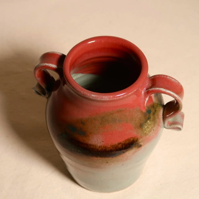 Brick Red Handmade Double-Handled Studio Pottery Vase With Red & Celadon Glaze Gradient For Sale - Image 8 of 10