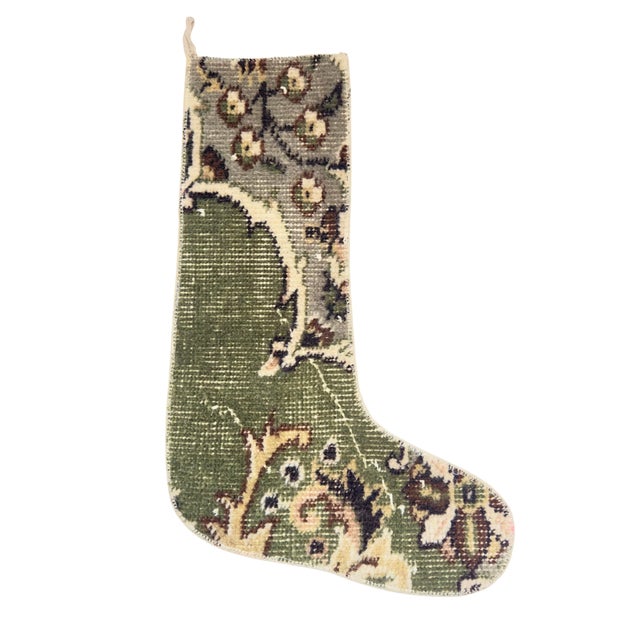 Two-Tone Vintage Kilim Christmas Stocking, Olive Green & Gray Floral Wool, 11.8 X 17.7 in – One of a Kind Decor For Sale - Image 6 of 6
