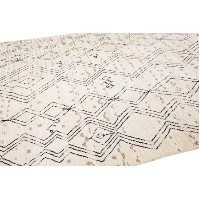 Contemporary Moroccan Style Handmade Ivory Wool Rug With Tribal Design For Sale In New York - Image 6 of 13
