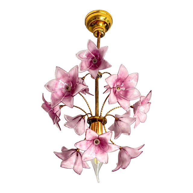 Vintage Italian Murano Style Hand-Painted Pink Floral Pendant Light, Romantic Glass Blossom Chandelier, Dramatic Ceiling Shadow Display For Sale