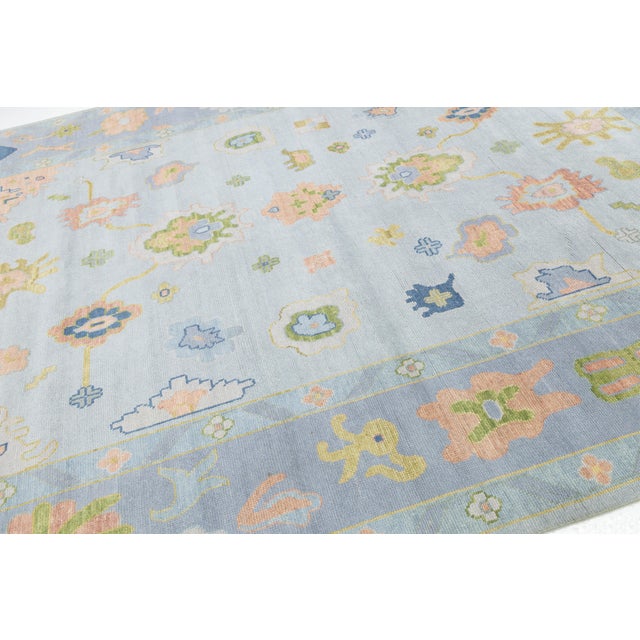 Modern Oushak Style Hand-Knotted Wool Rug in Ice Blue, Blush & Sage For Sale - Image 4 of 12