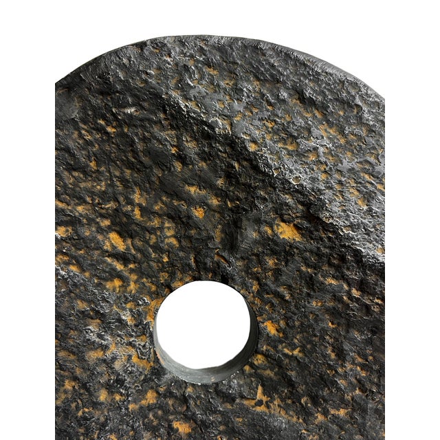 Contemporary Vintage Modern Minimalist Black Stone Chiseled Disk on Stand Medium For Sale - Image 3 of 5