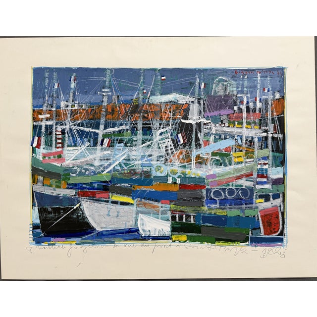 Plastic Michel Godjevac, View of the Port of Saint-Tropez, 1982, Acrylic Painting on Paper For Sale - Image 7 of 7