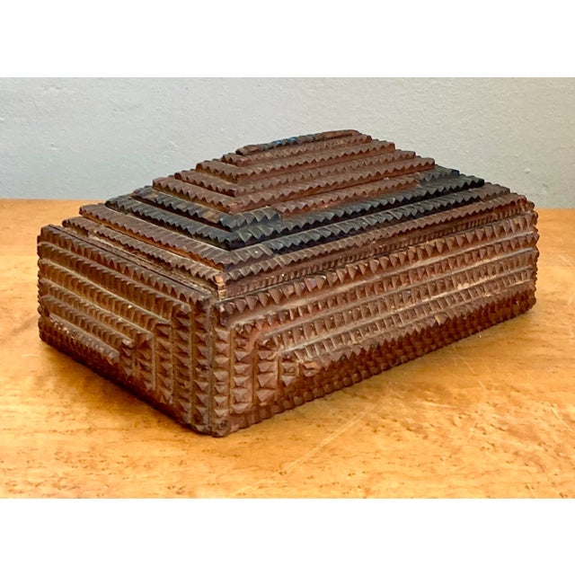 Wood Vintage Tramp Art Wood Box For Sale - Image 7 of 12