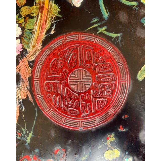 Wood Chic Vintage Asian Lacquerd Carved Tea /Coffee Table With Floral Design For Sale - Image 7 of 12