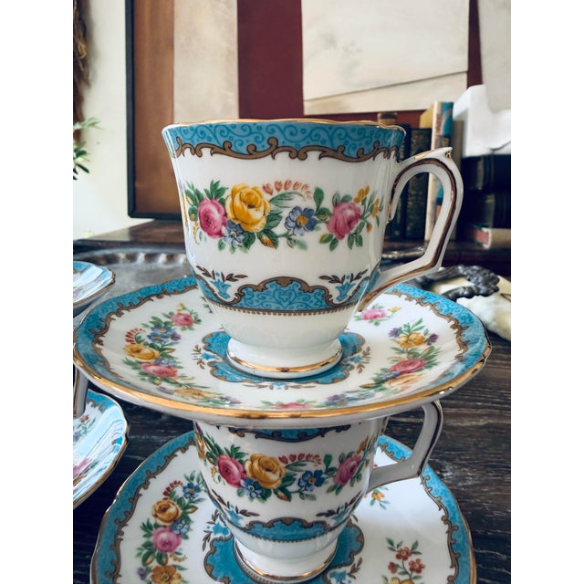 Ceramic Vintage Crown Staffordshire Lyric Tunis Blue Fine Bone China – 6 Small Teacups & Saucers – 12 Piece Set – England For Sale - Image 7 of 12