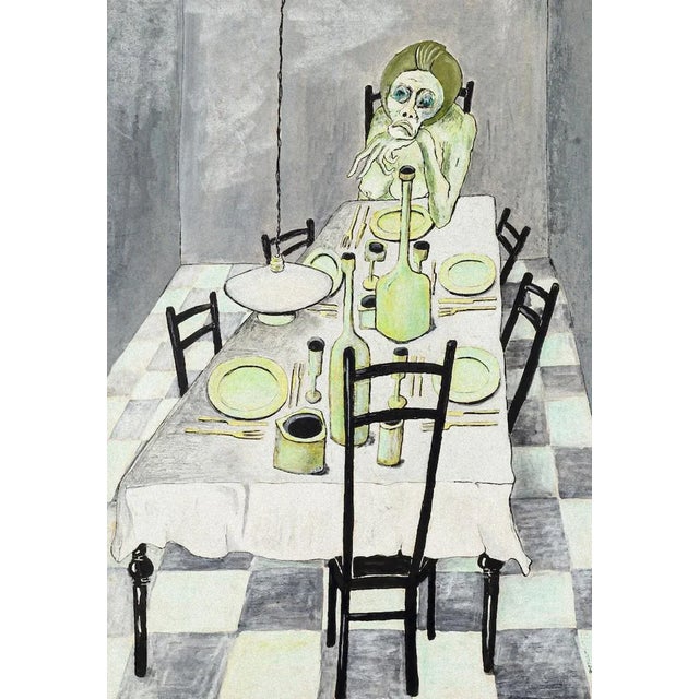 Family on the Table is an original painting in tempera on cardboard realized by Fabio Carriba in 1966. Hand-signed on the...