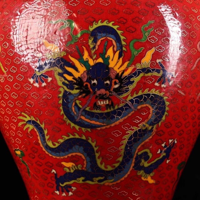 Pair of Gilt Bronze Cloisonné Enamel Dragon Motif Temple Jars For Sale In Los Angeles - Image 6 of 9