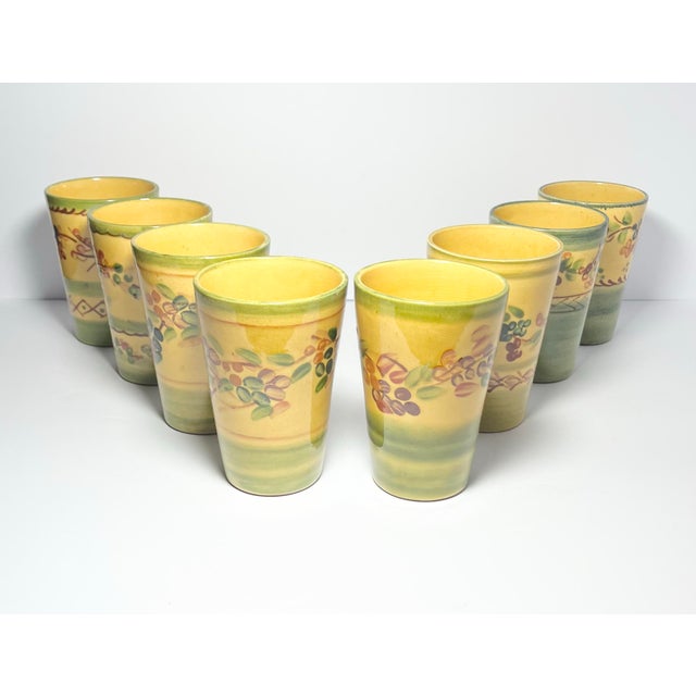 French Country Terre E Provence 8 Yellow & Green Ceramic Tumbler Drinking Glasses For Sale - Image 3 of 8