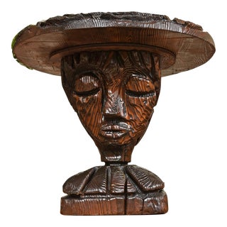 Vintage 1960s Witco Rustic Wood Carved Tiki Female Bust Round End Table For Sale