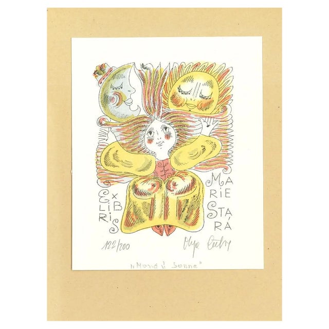 Unknown, Ex Libris Marie Stra, Original Watercolored Lithograph, Late 20th Century For Sale