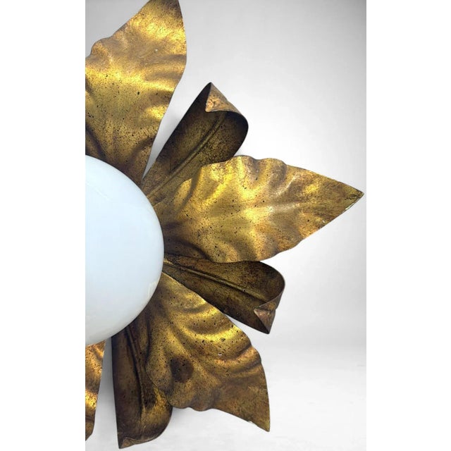 Metal Mid 20th Century Italian Gilt Brass and Opaline Glass Flush Mount Ceiling or Wall Light For Sale - Image 7 of 18