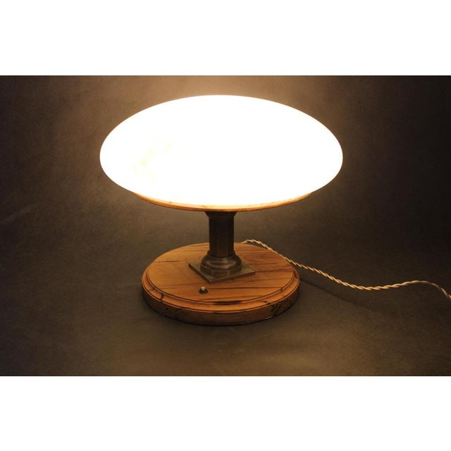 Brass Table Lamp with Wooden Base and Glass Shade, 1940s For Sale - Image 13 of 14