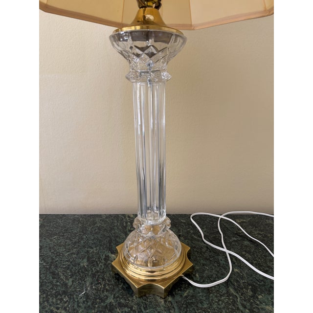 Mid Century Column Crystal Glass Lamp With Brass Base and Creamy White Lamp Shade For Sale - Image 4 of 11