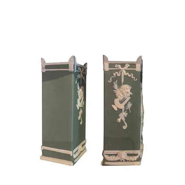 Vintage, sage green, Wedgwood vases are stunning and they will add a pop of color and elegance to any living space.