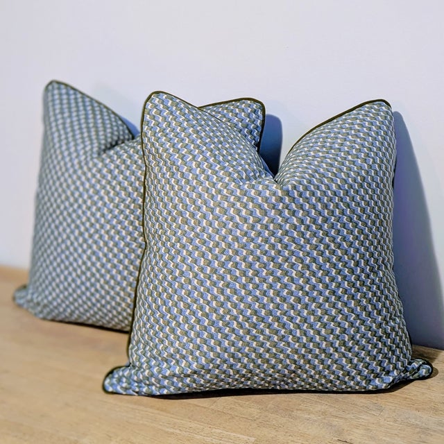 Blue Pair of Fermoie 22" Ruffle Pillows in Blue With Olive Cord For Sale - Image 8 of 8