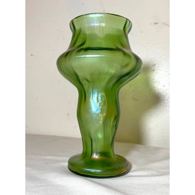 Art Deco Antique Hand Blown Bohemian Loetz Aurene Iridescent Green Dimple Glass Vase For Sale - Image 3 of 15