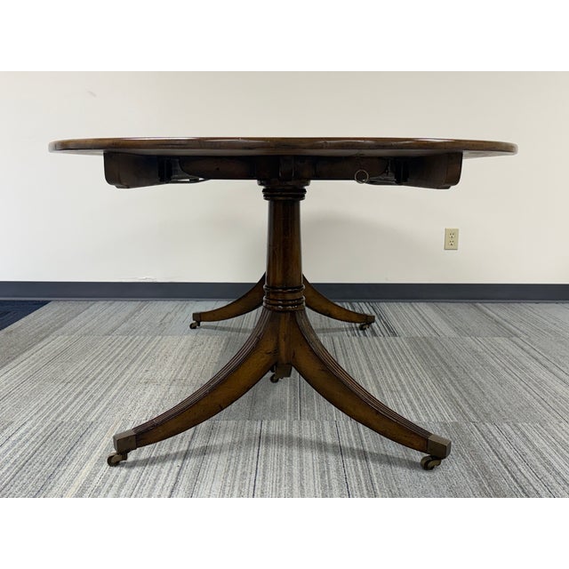 -Rustic Dining Table Oval = Twin Pedestal Bases -MANUFACTURE: Unknown -IN THE STYLE OF: Farmhouse -DATE OF MANUFACTURE:...