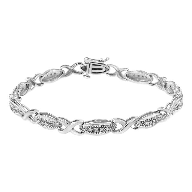 .925 Sterling Silver 1/5 Cttw Round-Cut Diamond "X" Link Bracelet - Size 7.50" For Sale