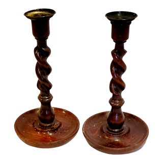 Circa 1900 Antique English Oak Barley Twist Candlesticks- a Pair For Sale