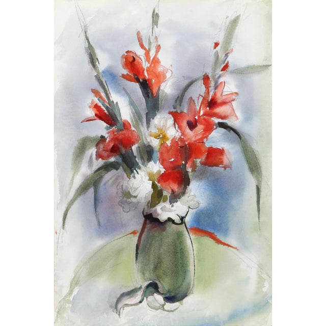 Eve Nethercott, Red Flowers in Vase (P1.9), Watercolor on Paper For Sale