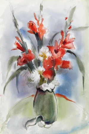 Eve Nethercott, Red Flowers in Vase (P1.9), Watercolor on Paper