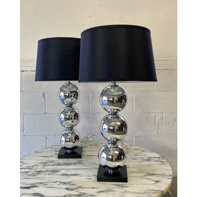 2010s Pair of Chrome Ball Table Lamps in the Style of Kovacs For Sale - Image 5 of 9