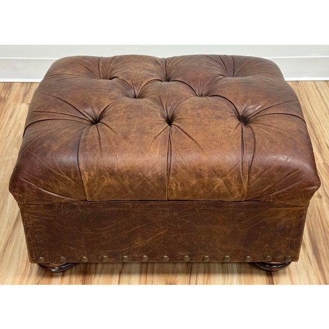 Vintage Restoration Hardware Leather Churchill Cigar Chair and Ottoman With Nailheads For Sale - Image 12 of 18