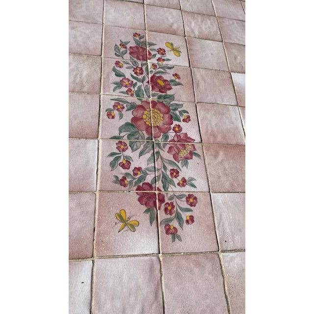1980s Shabby Chic Wooden Spanish / Italian Style Tile Top Dining Table Pink Trim W/ Floral Center For Sale - Image 9 of 18