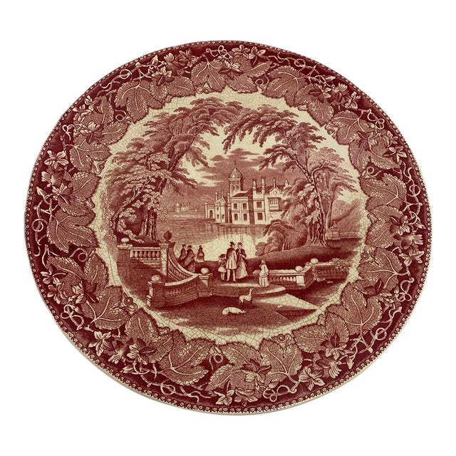 Early 20th Century Mason's Ironstone Vista Pink/Red Transferware Large Round Platter or Chop Plate For Sale