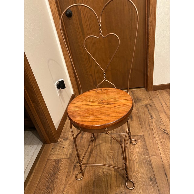 American Rare Highly Collectable-Antique “Japan Finish” Industrial Copper Finish Sweetheart Design Ice Cream Parlor Set With Two Chairs For Sale - Image 3 of 18