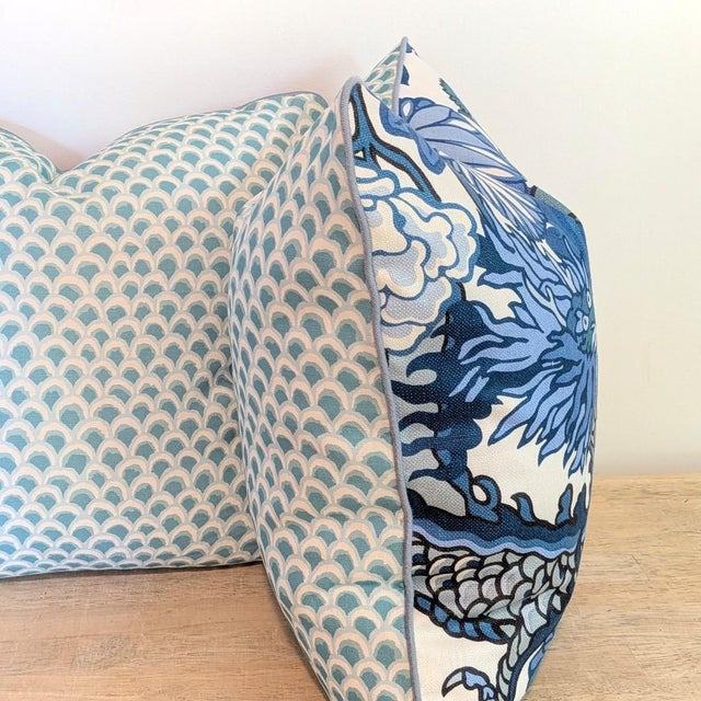 Chinoiserie Schumacher Chiang Mai Dragon Pillows in China Blue With Aqua Pave Print Backs - Pair For Sale - Image 3 of 11