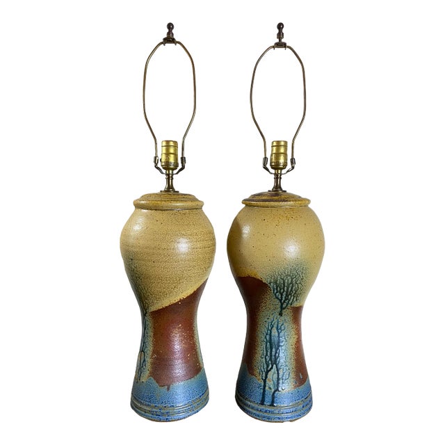Pair of Signed Allen Monserrat 1970’s Pottery Lamps For Sale