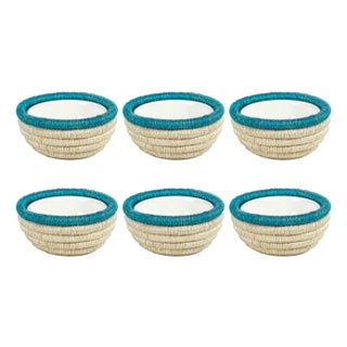 Matera 5.25"Coiled Abaca Condiment Bowls, Set of 6, Turquoise For Sale