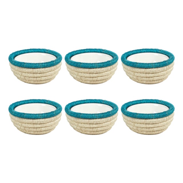 Matera 5.25"Coiled Abaca Condiment Bowls, Set of 6, Turquoise For Sale