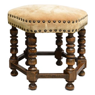 1950s Danish Oak Upholstered Stool With Barley Twist Legs For Sale