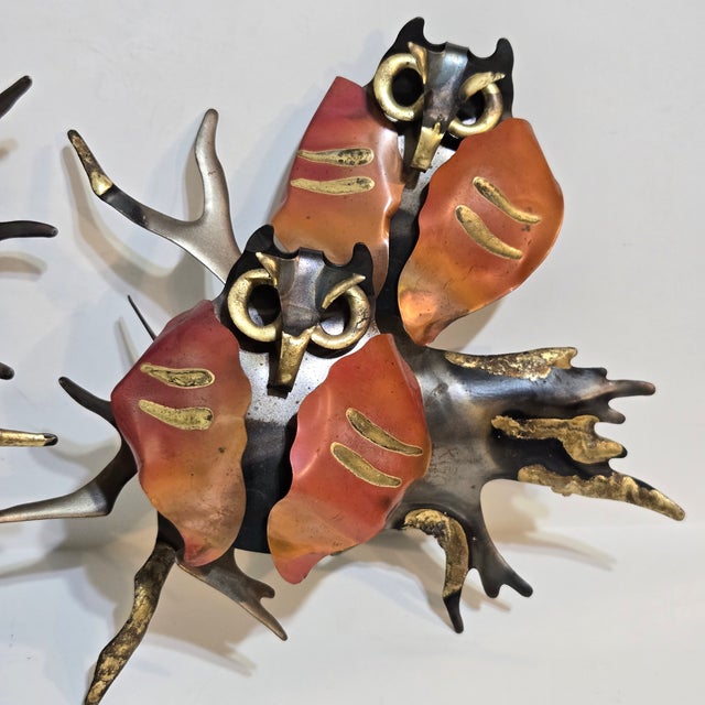 Curtis Jere Vintage Jere Style Owl Family Set Metal Brass Copper Brutalist Wall Art Sculpture 3 Pieces MCM For Sale - Image 4 of 10