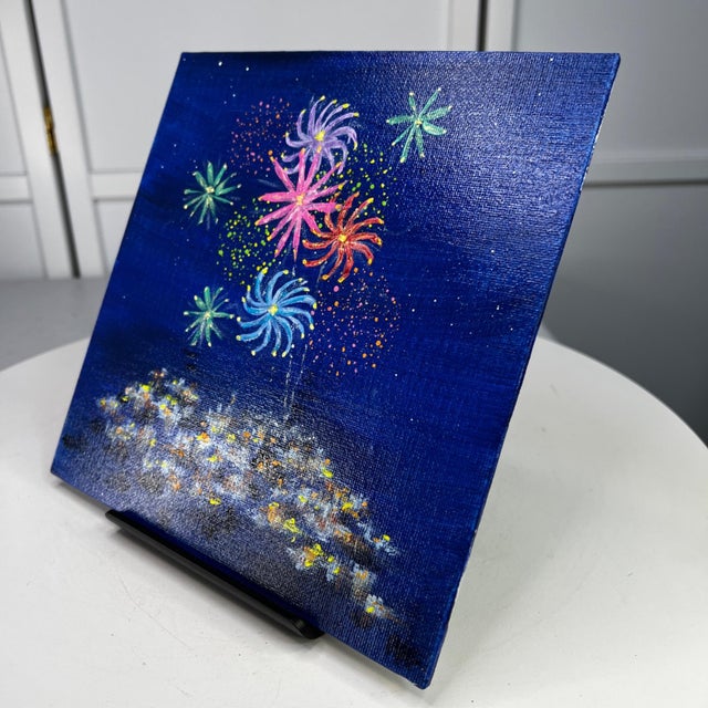 Contemporary Celebration 8" X 8" Unframed Acrylic Painting Wall Art Original Fireworks Scene For Sale - Image 3 of 7