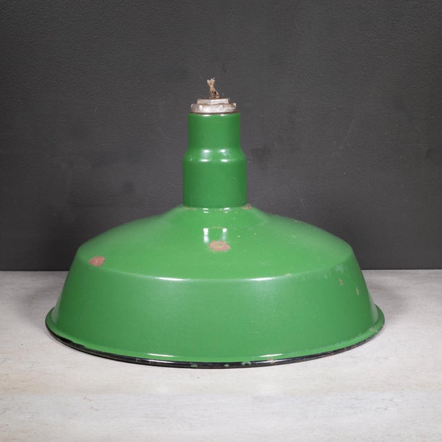 Industrial Set of Two Benjamin 16" Enameled Porcelain Green Industrial Pendant Lights c.1950 For Sale - Image 3 of 11