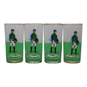 Mid 20th Century Hand-Painted Blue/ Green Jockey Highball Glasses- Set of 4