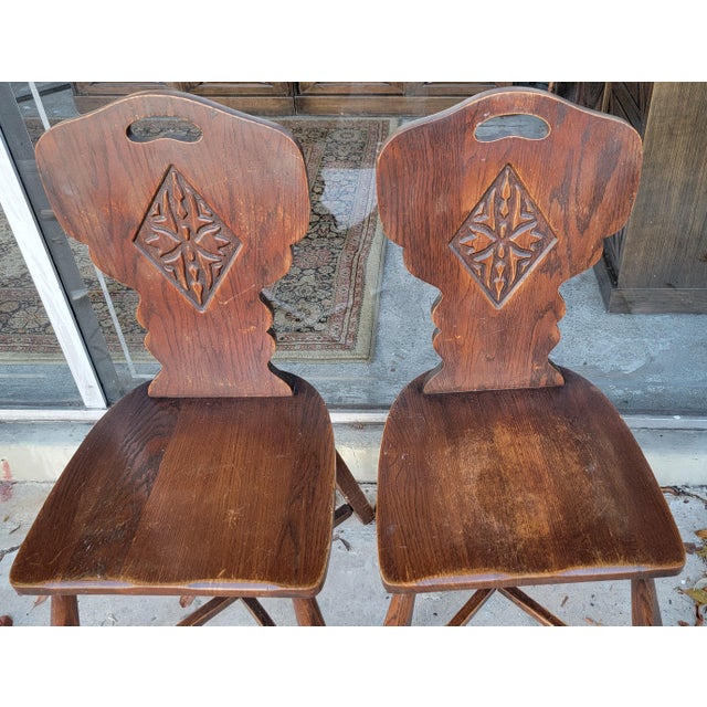 Brutalist Oak Tyrolean Style Dining Chairs Set of 2 Arts and Crafts Carving Primitive Oak Wood Marked with New York...