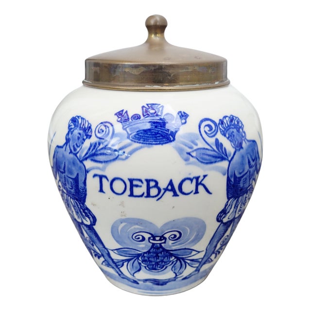 Mid-Century Dutch Hand-Painted Delft Blue Tobacco Jar with Brass Lid, Holland, 1960s For Sale