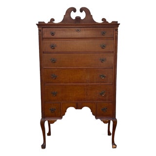 Vintage Queen Anne Highboy Dresser | Colonial Revival Tall Chest | Traditional Bedroom Storage | Solid Wood Veneer High Chest of Drawers For Sale
