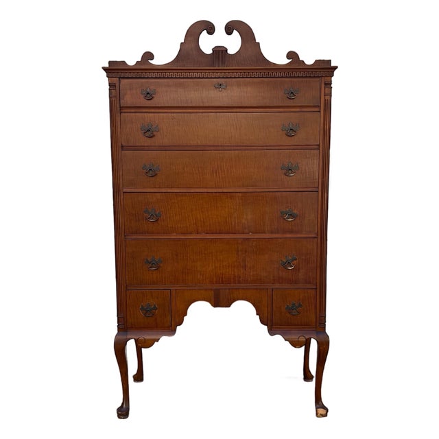 Vintage Queen Anne Highboy Dresser | Colonial Revival Tall Chest | Traditional Bedroom Storage | Solid Wood Veneer High Chest of Drawers For Sale