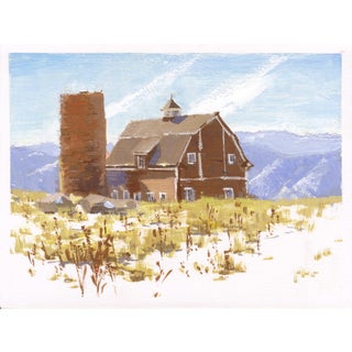 012 - Plein Air-Daniels Peak, CO, 2/13/22 by Judd Mercer | Gouache Painting of a rustic building in a landscape For Sale