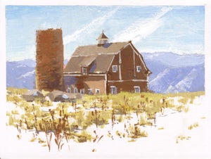 012 - Plein Air-Daniels Peak, CO, 2/13/22 by Judd Mercer | Gouache Painting of a rustic building in a landscape